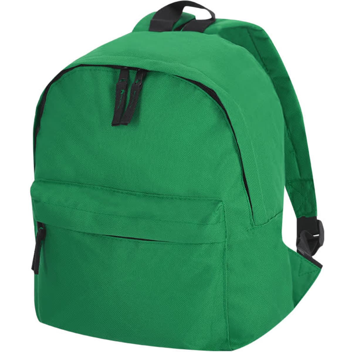 A green backpack with a front pocket and black zippers, featuring adjustable shoulder straps and a logo.