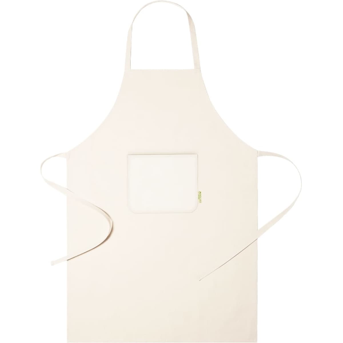 A cream-coloured apron with a pocket and ties for securing, featuring a simple and clean design.