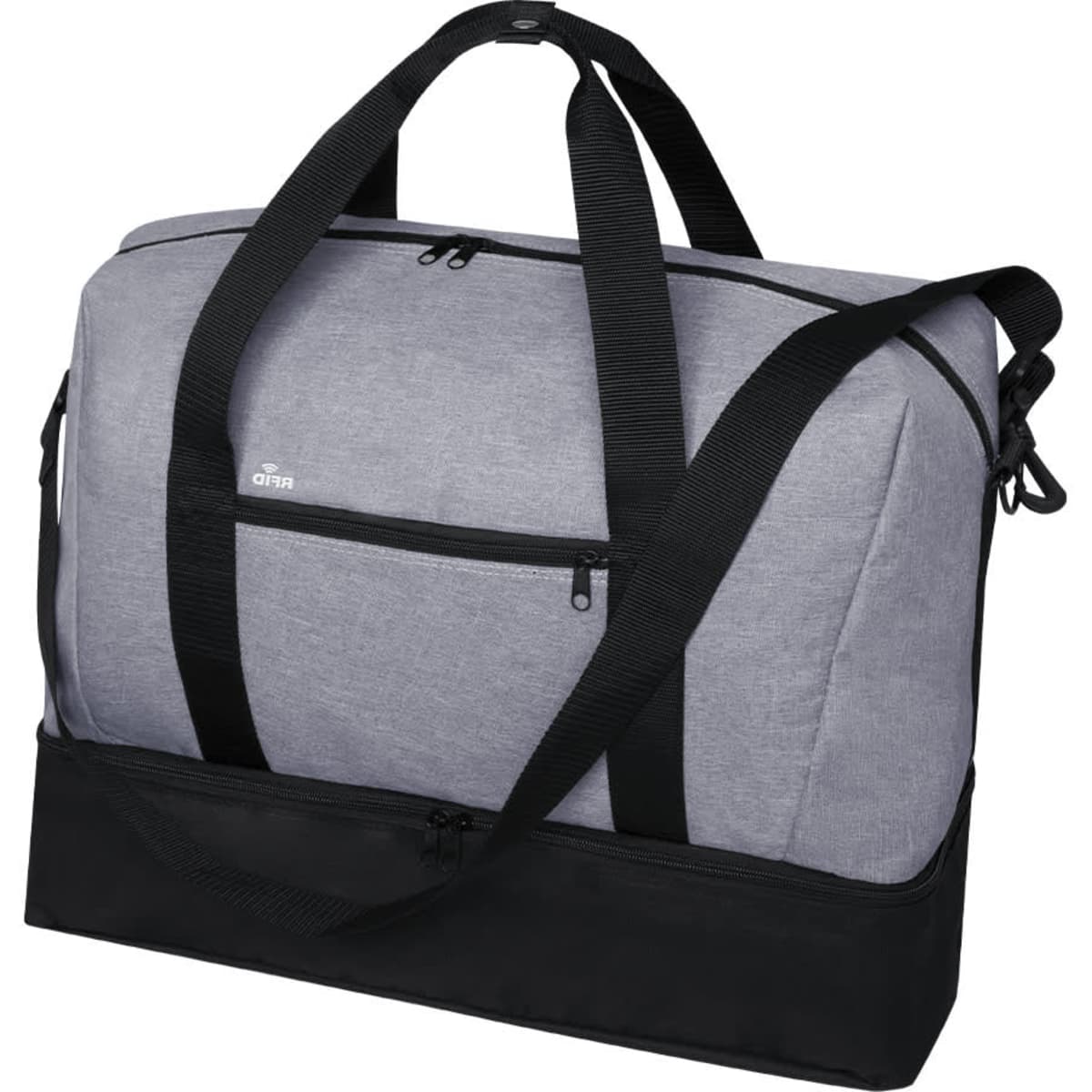 A grey duffle bag with black accents, featuring double handles, a shoulder strap, and multiple zippered pockets.