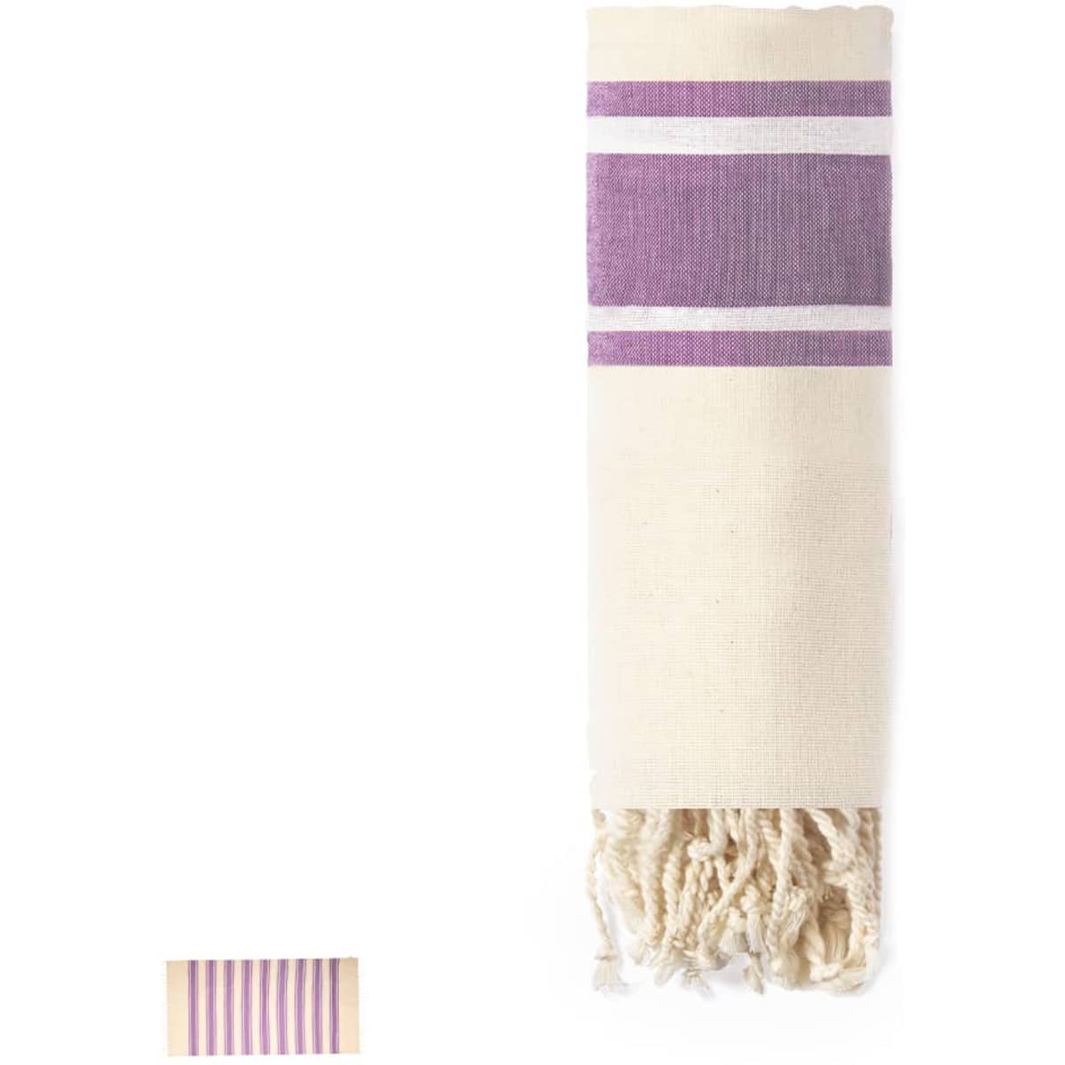 A rolled bath towel in cream with purple stripes and tassels, featuring a logo on it.