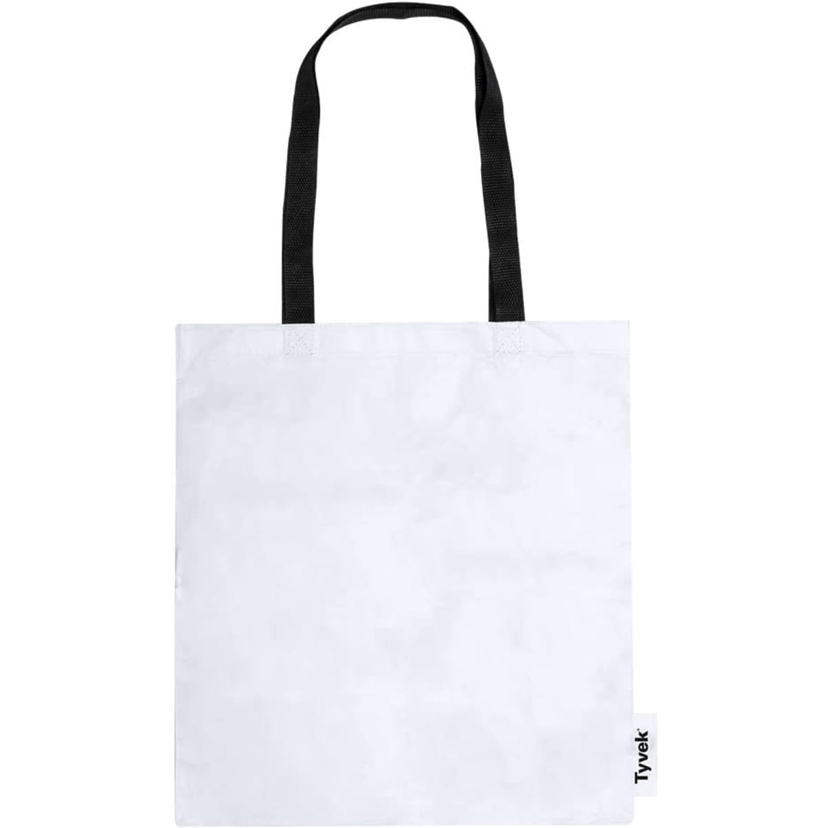 A white tote bag with black handles and a small logo patch on the side.