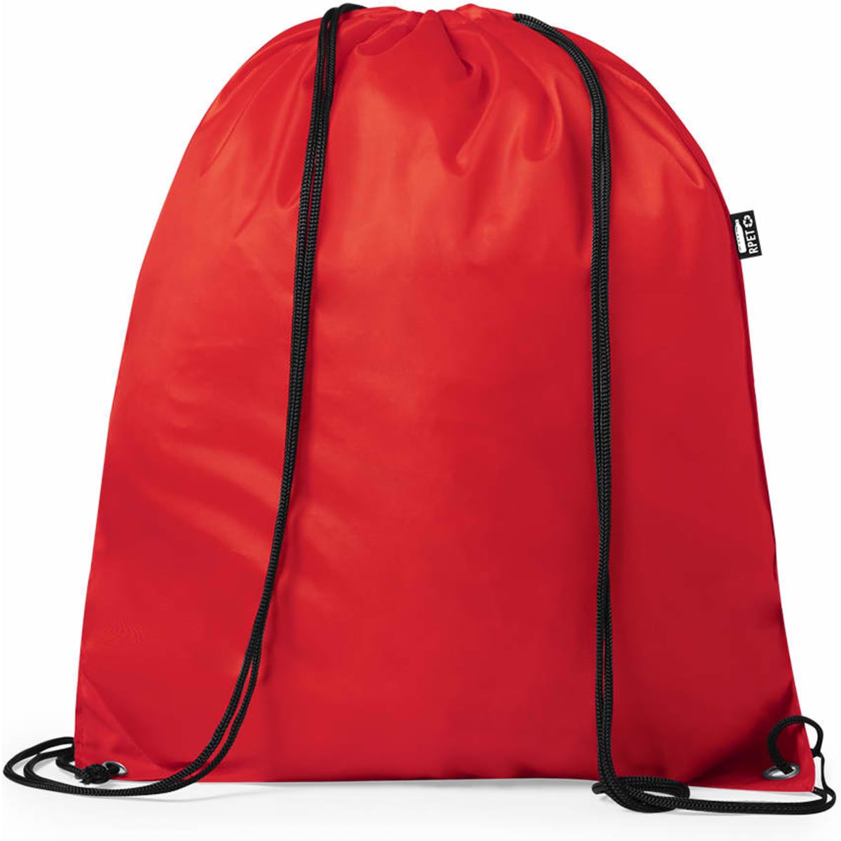 A red drawstring bag with black cords and a small logo.