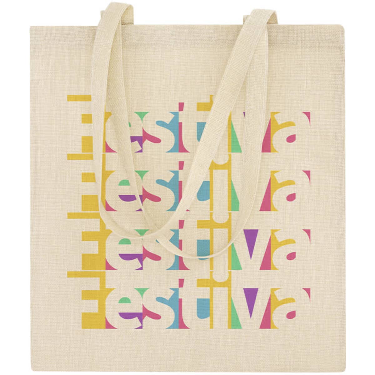 A beige tote bag with colourful, repeated text and a logo, featuring pink, yellow, and turquoise colours.
