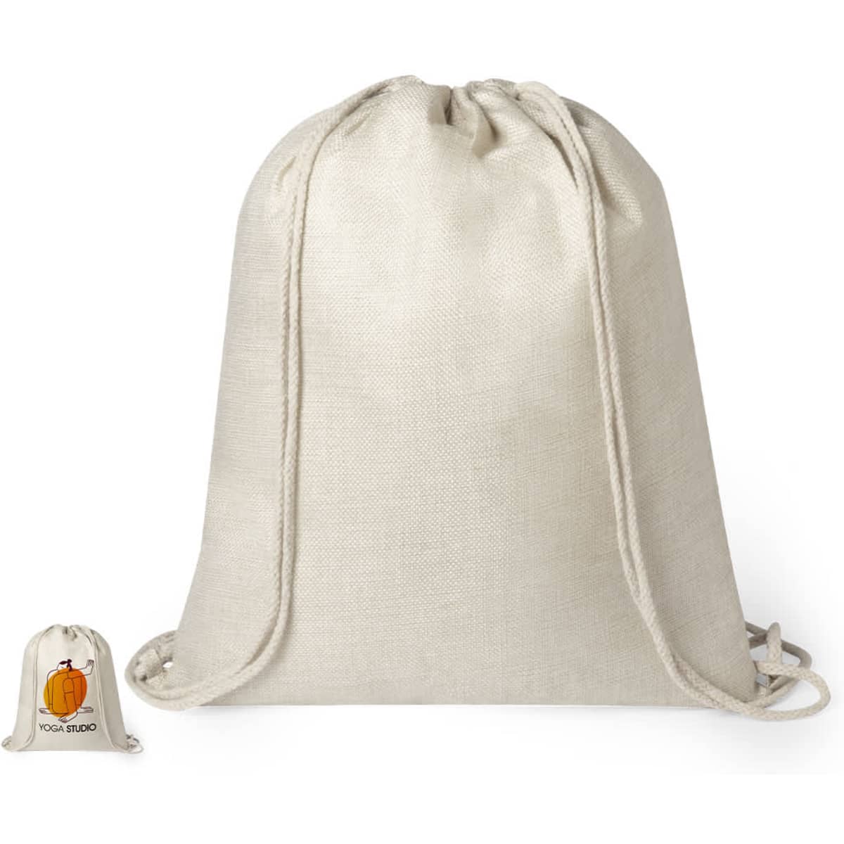 A beige drawstring bag with a logo, featuring two cords for closure, suitable for carrying various items.