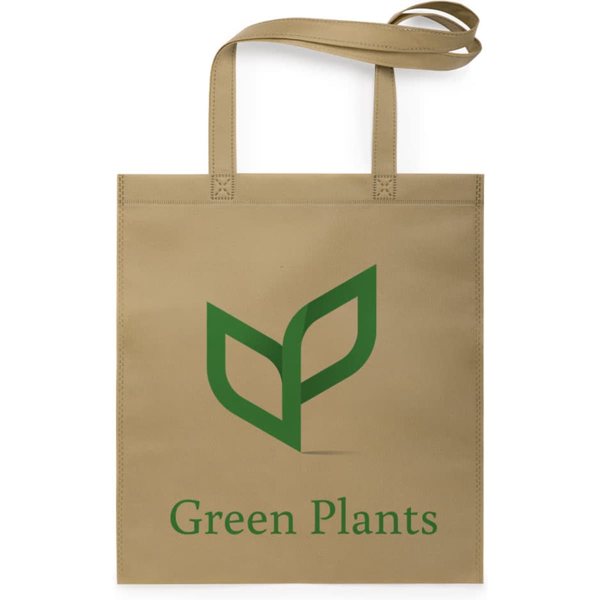 A khaki reusable grocery bag featuring a green logo and text. It has two sturdy handles for carrying.