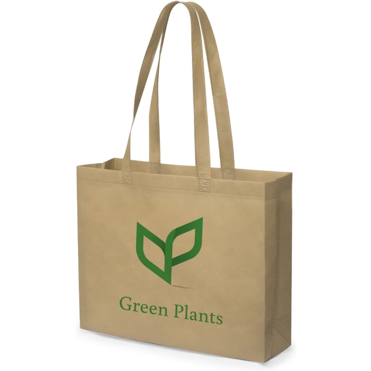 A reusable grocery bag in a natural brown colour with green branding featuring a leaf design.
