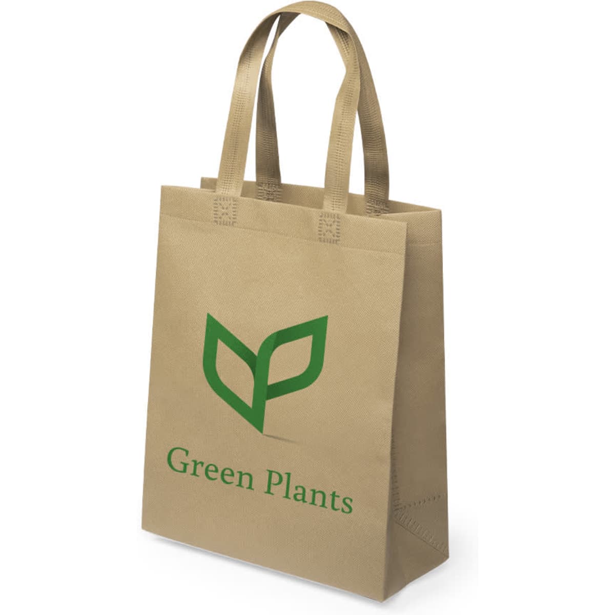 A brown reusable grocery bag with two handles and a green logo featuring a leaf design.