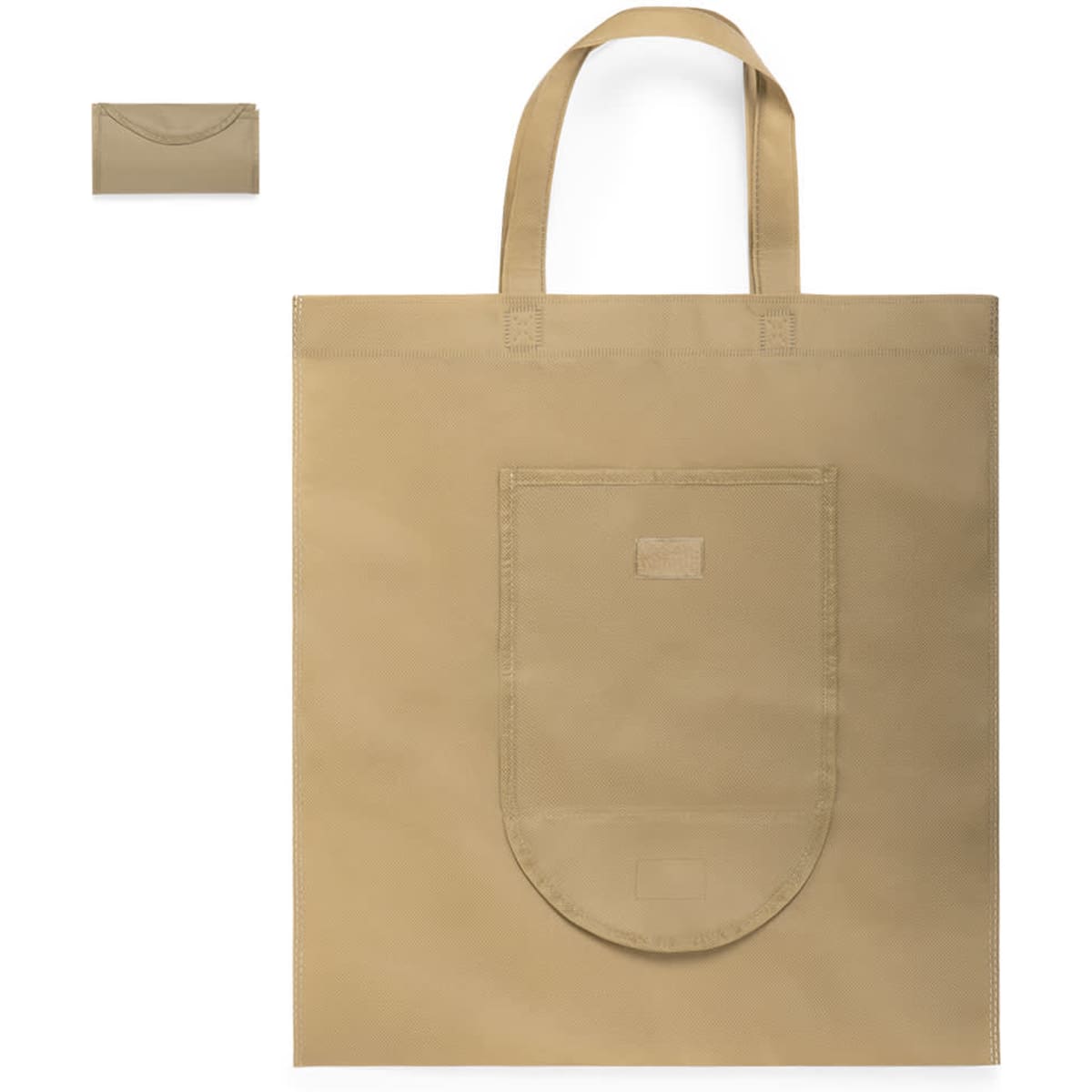 A tan foldable reusable grocery bag with a front pocket and dual handles. Includes a compact version in the corner.