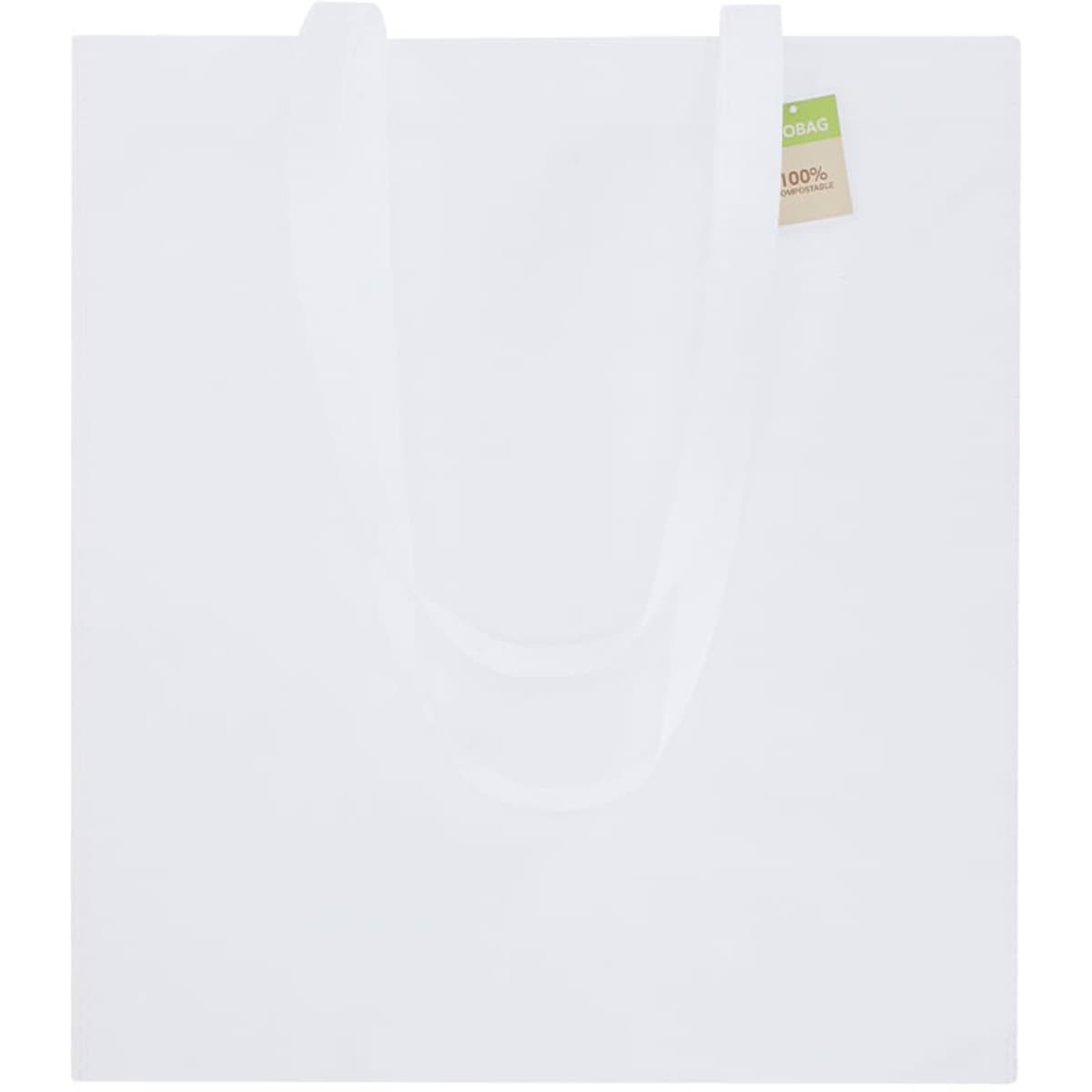A white tote bag with two sturdy handles and a small tag attached. It has a simple design and no visible logos.