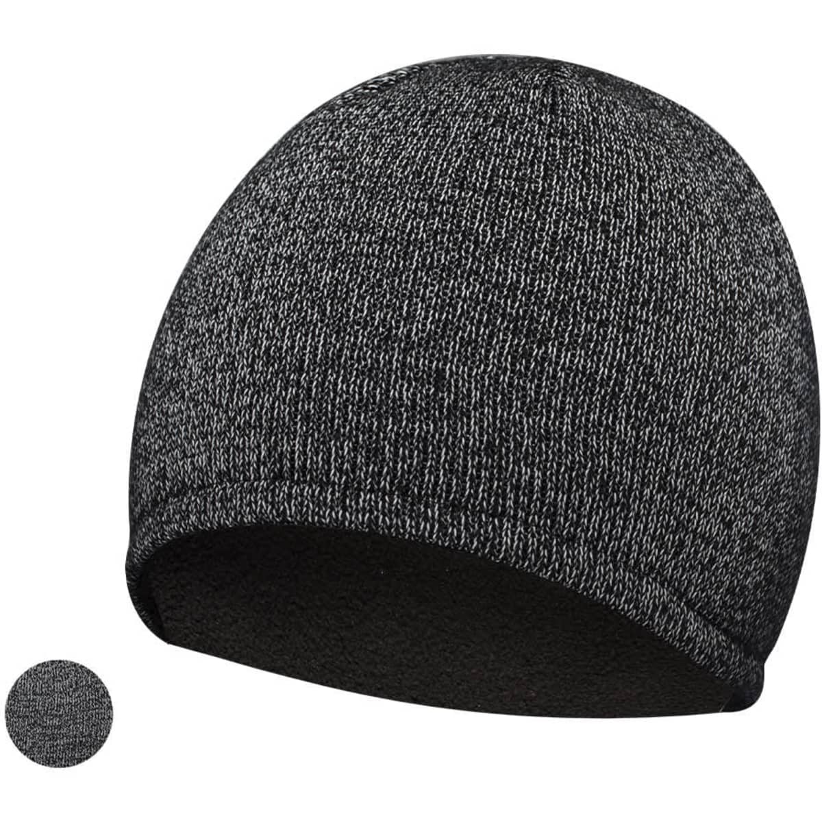 A grey knit beanie hat with a snug fit, featuring a textured pattern and a logo.