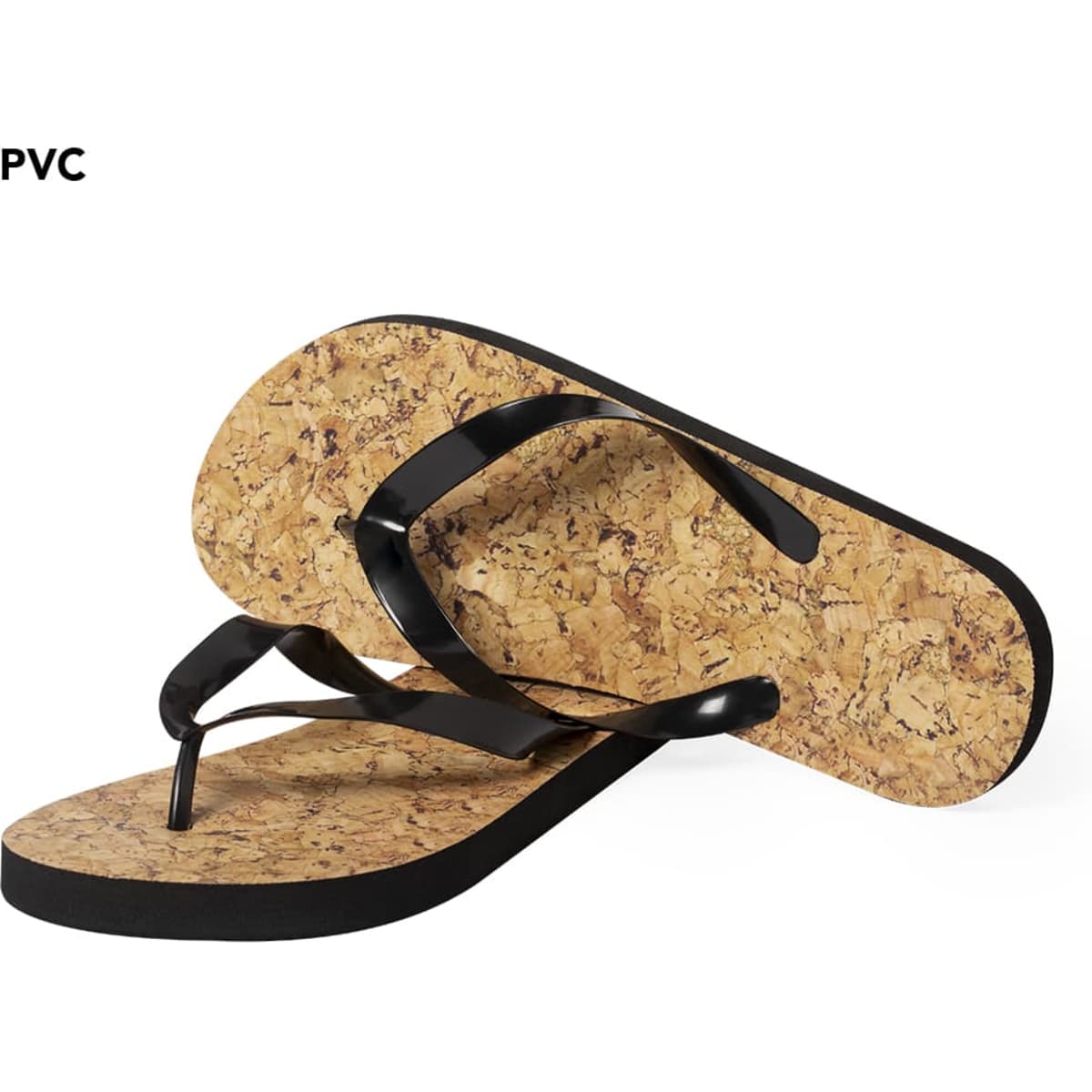 Black thongs with a cork footbed, featuring a simple design and a logo on the strap.