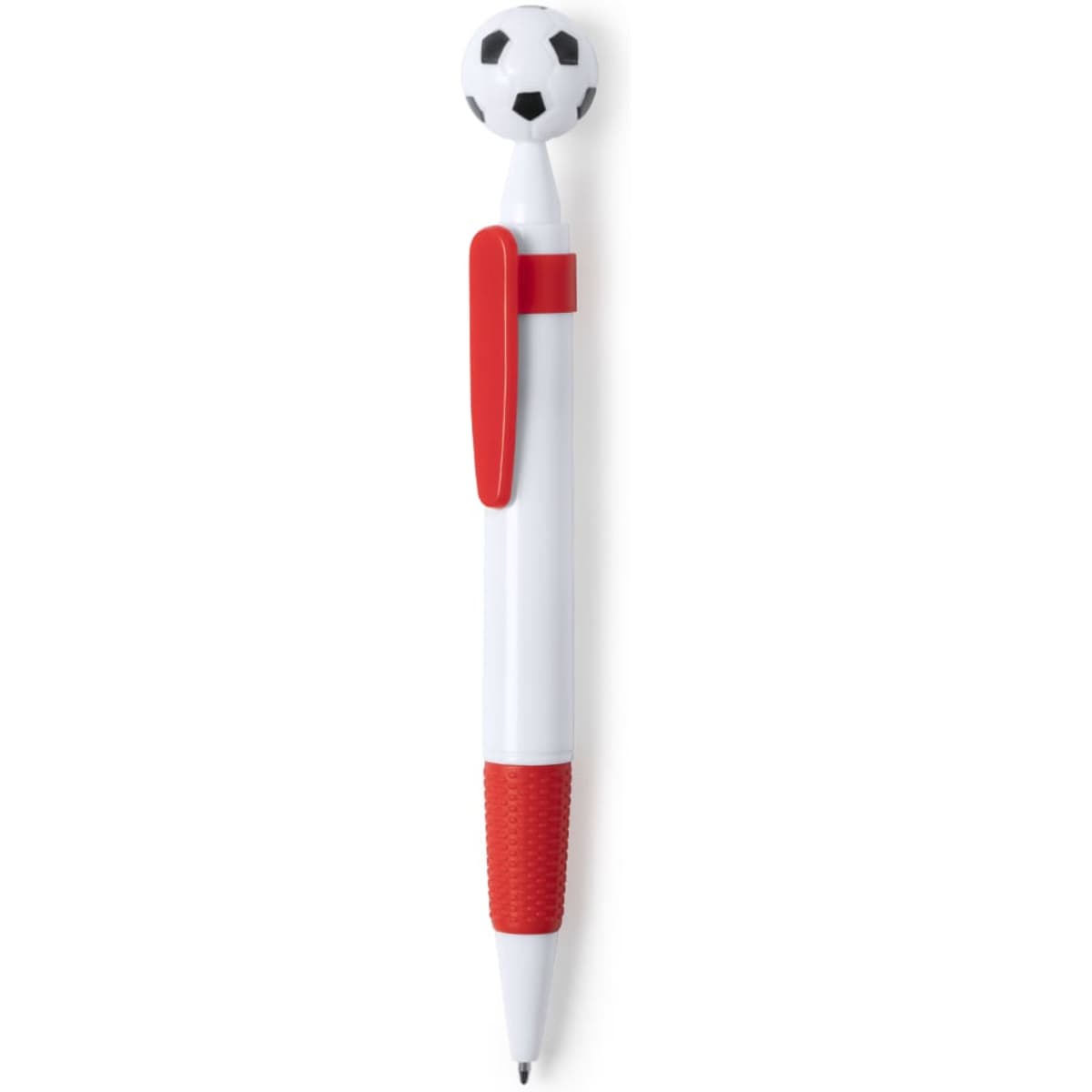 A white pen with a red grip and clip, featuring a black and white soccer ball as the top.