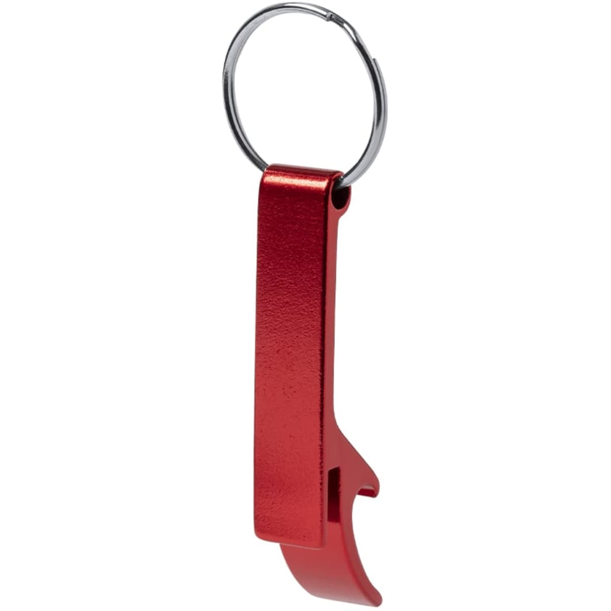 A red metal keyring bottle opener with a sleek design and a silver keyring attachment.