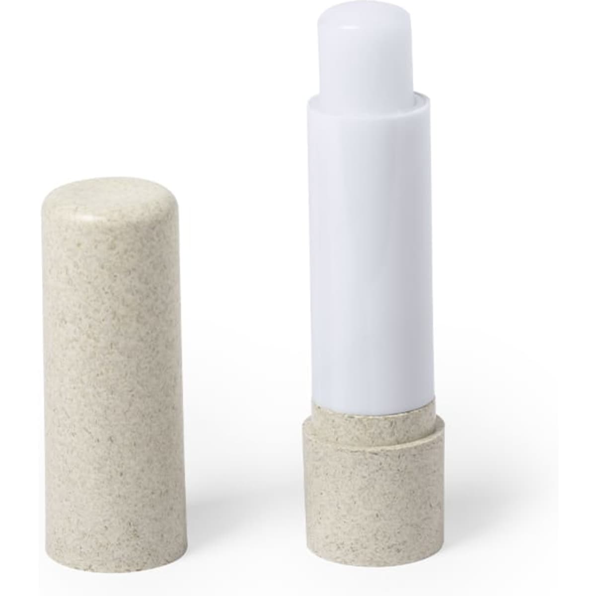 A lip balm in a light beige biodegradable tube, featuring a white twist-up applicator. The tube has a removable cap.