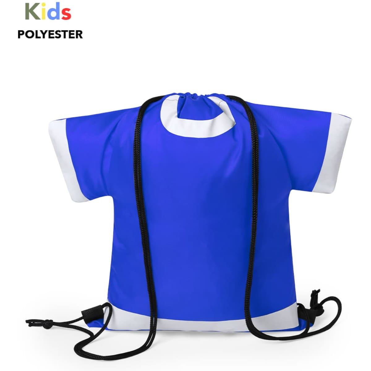 A blue drawstring bag shaped like a T-shirt, made of polyester, featuring black drawstrings and a logo.