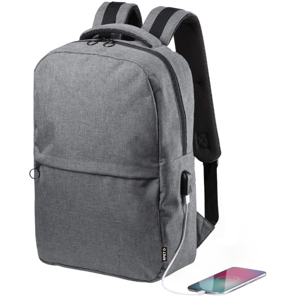 A grey laptop backpack with padded shoulder straps, featuring a front pocket and a charging port, alongside a smartphone.