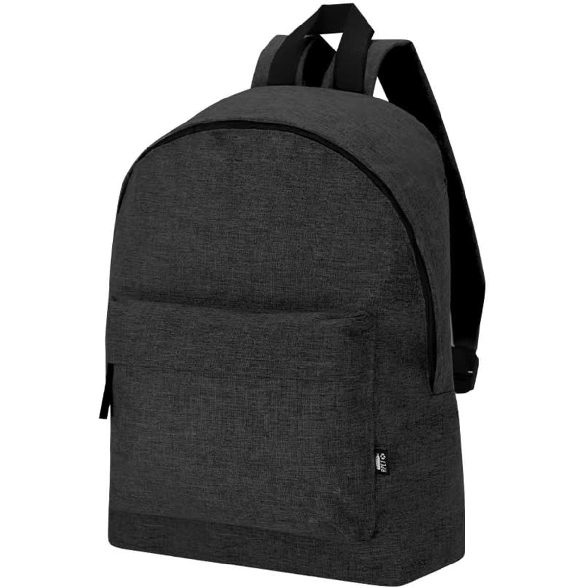 A black backpack with two shoulder straps and a front pocket, featuring a logo on the side.