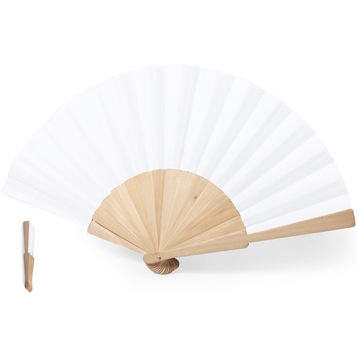 A decorative handheld fan made of white fabric and wooden frame, featuring a simple, elegant design.