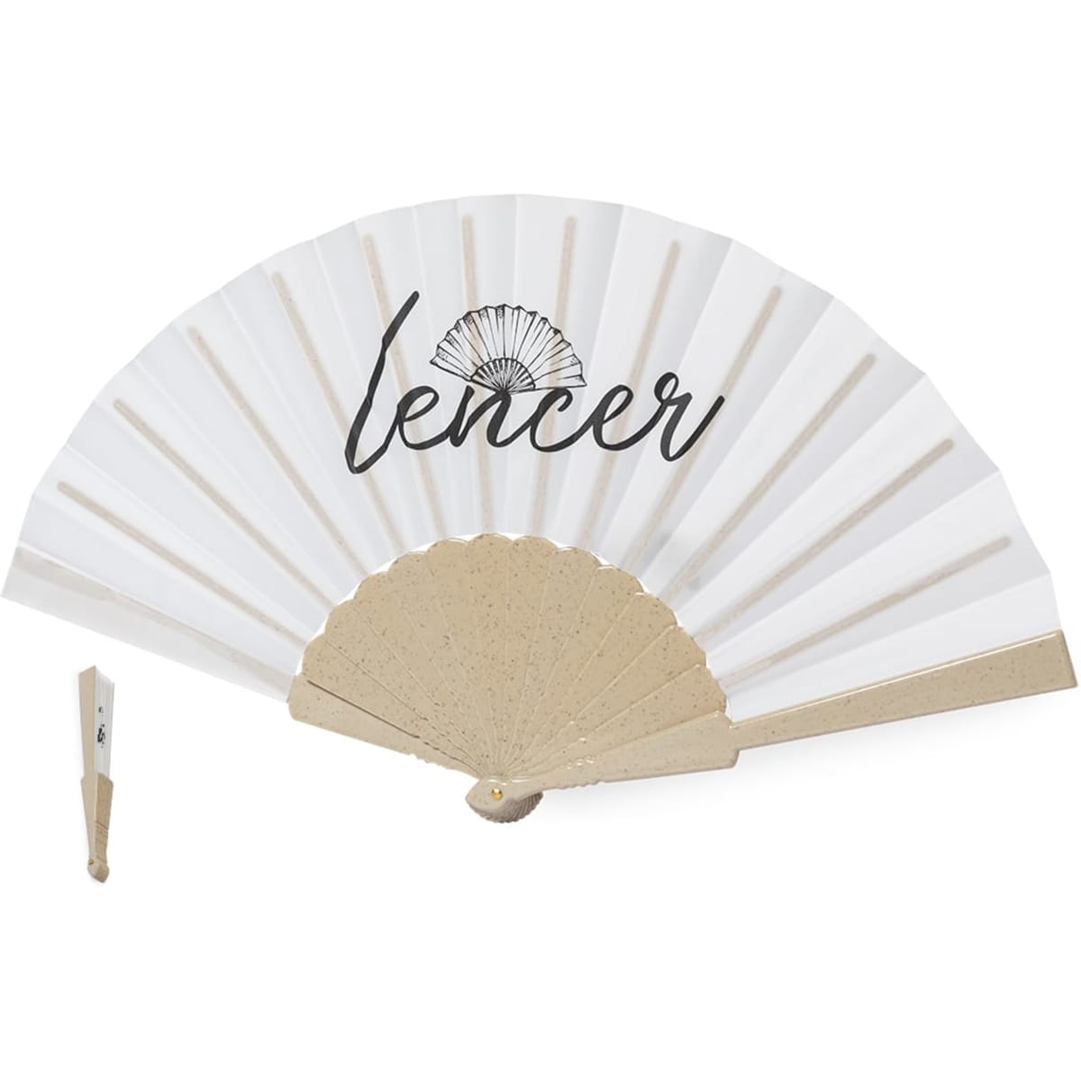 A handheld fan in white with a wooden base, featuring the word "lencer" and a decorative logo.