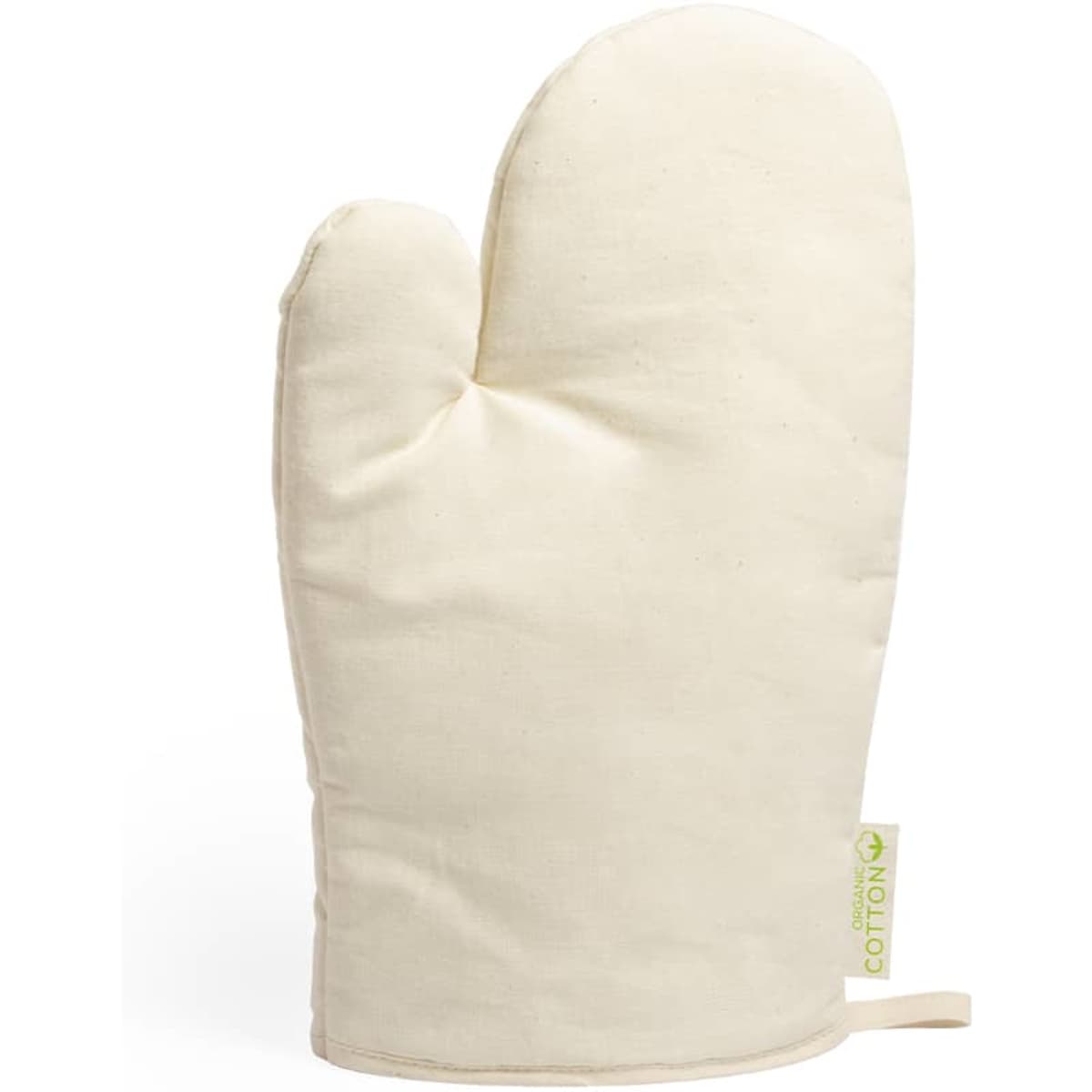 A cream cotton oven mitt with a textured surface and a loop for hanging. It features a logo on the side.