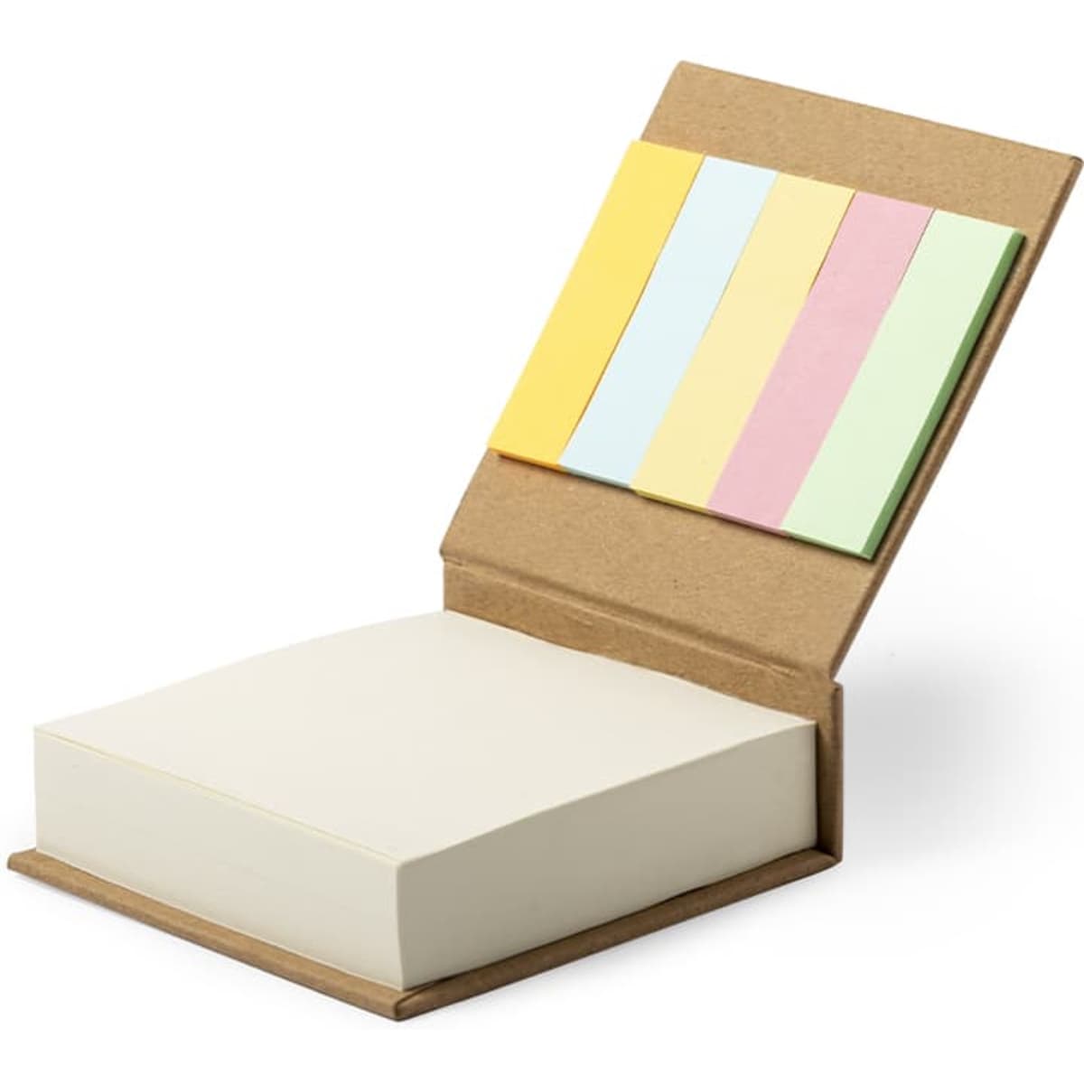 A notepad with a brown cover featuring pastel sticky notes in yellow, green, pink, and blue on the top section.
