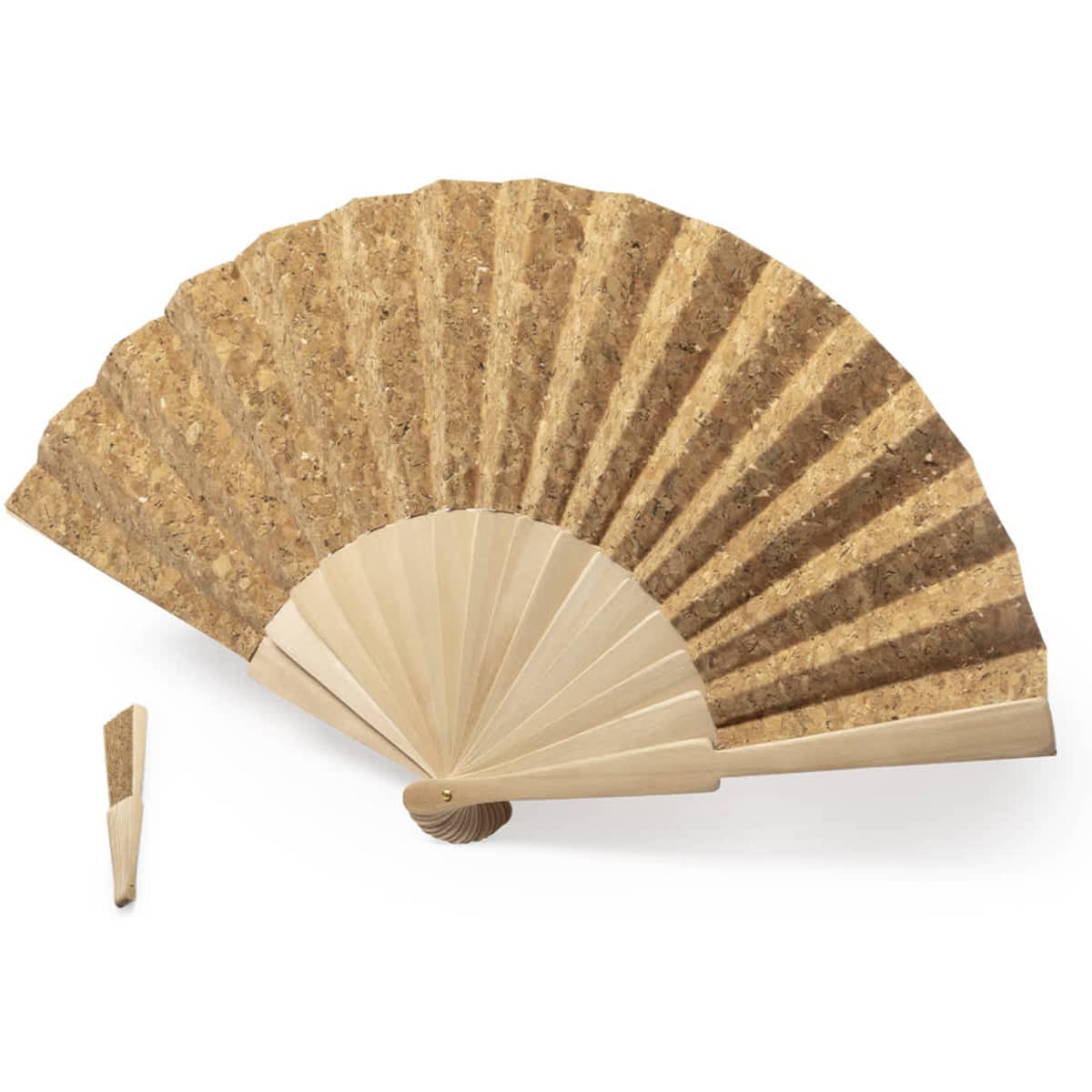 A handheld fan made of cork with a natural wooden handle, featuring a beige and brown colour scheme.