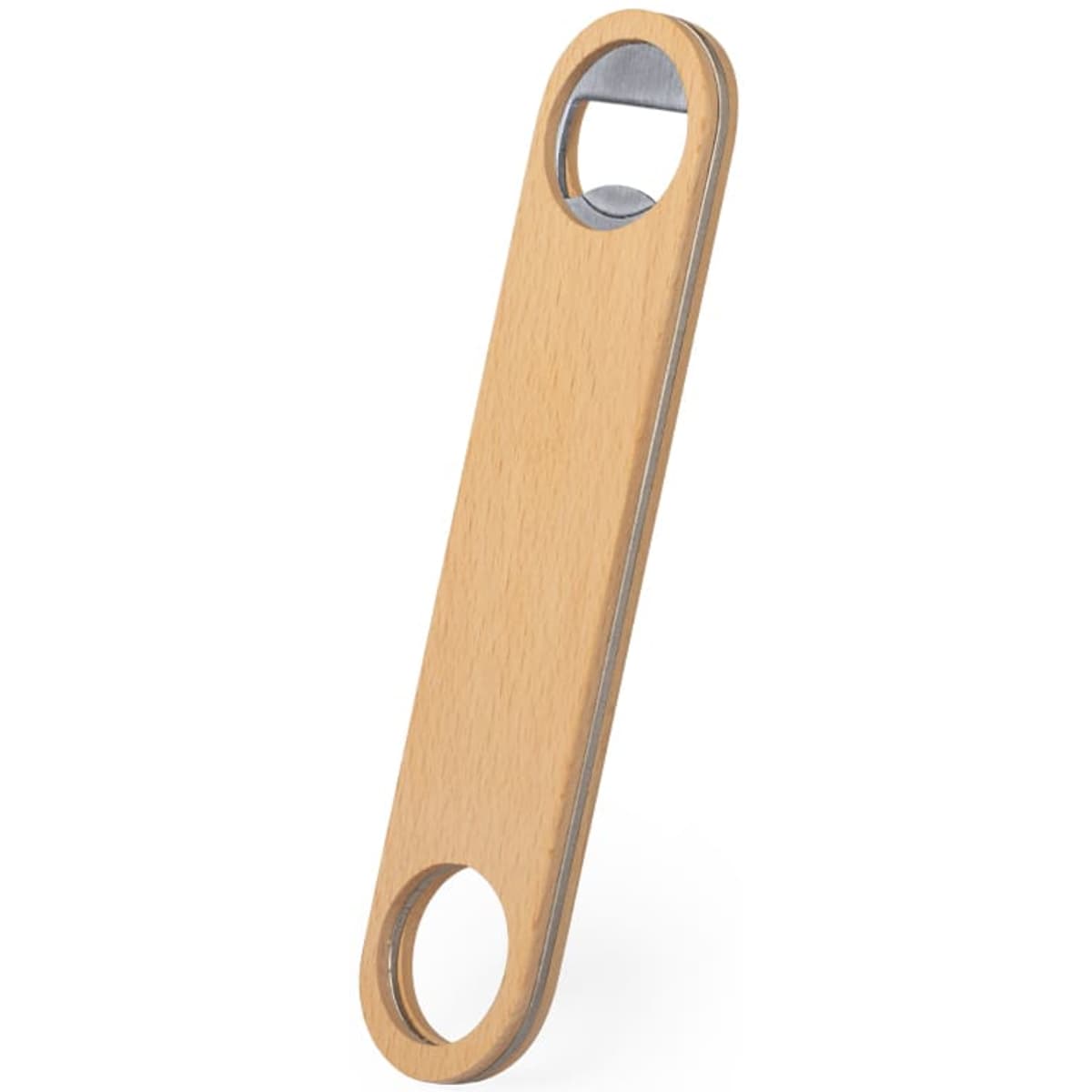 A drink bottle opener featuring a sleek wooden design with a metallic opening mechanism. It includes a logo.