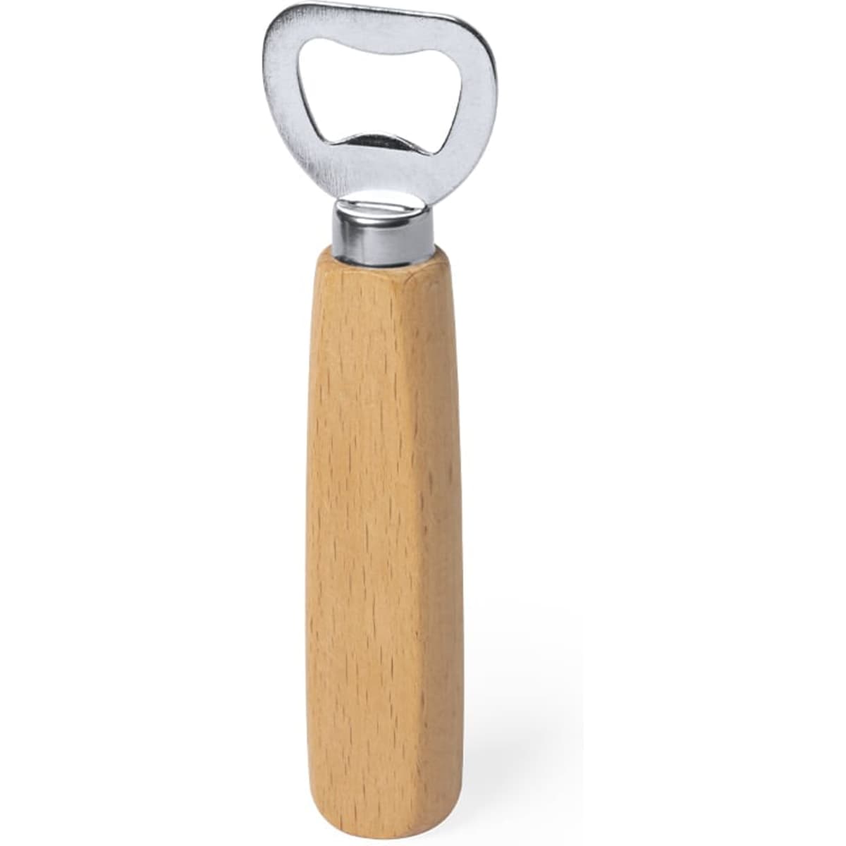 A drink bottle opener featuring a silver metal top and a light wooden handle. It includes a logo on the handle.