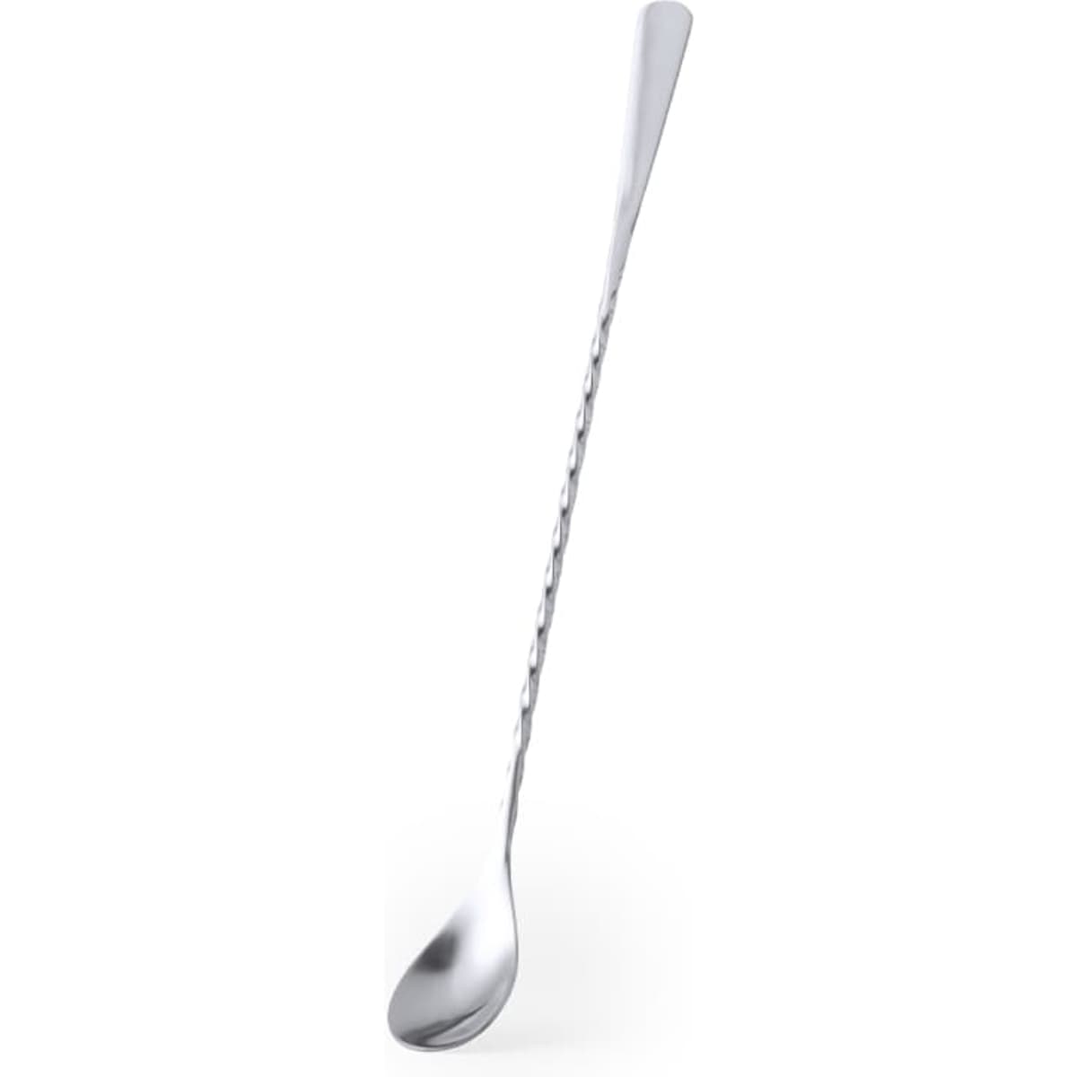A long, twisted stainless steel spoon with a smooth, rounded bowl and a slender handle.