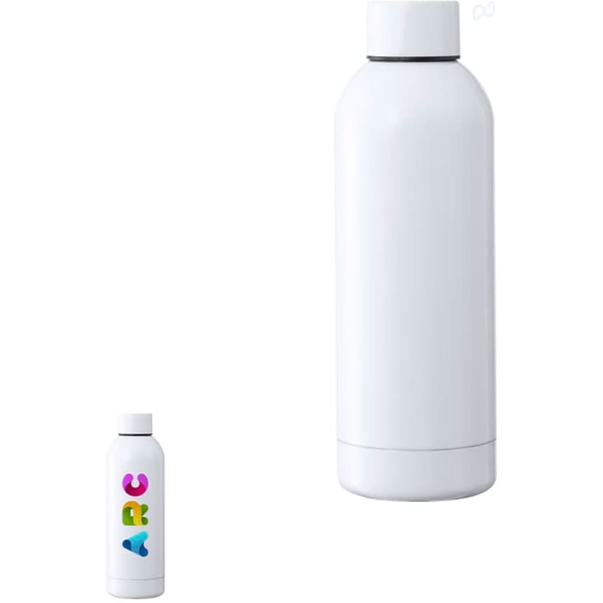 A drink bottle with a sleek white design, featuring a logo, available in two sizes.