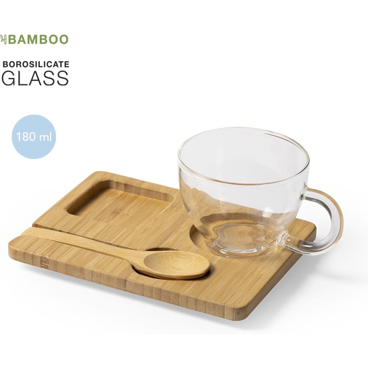 A clear borosilicate glass cup with a bamboo tray and wooden spoon, perfect for tea or coffee.
