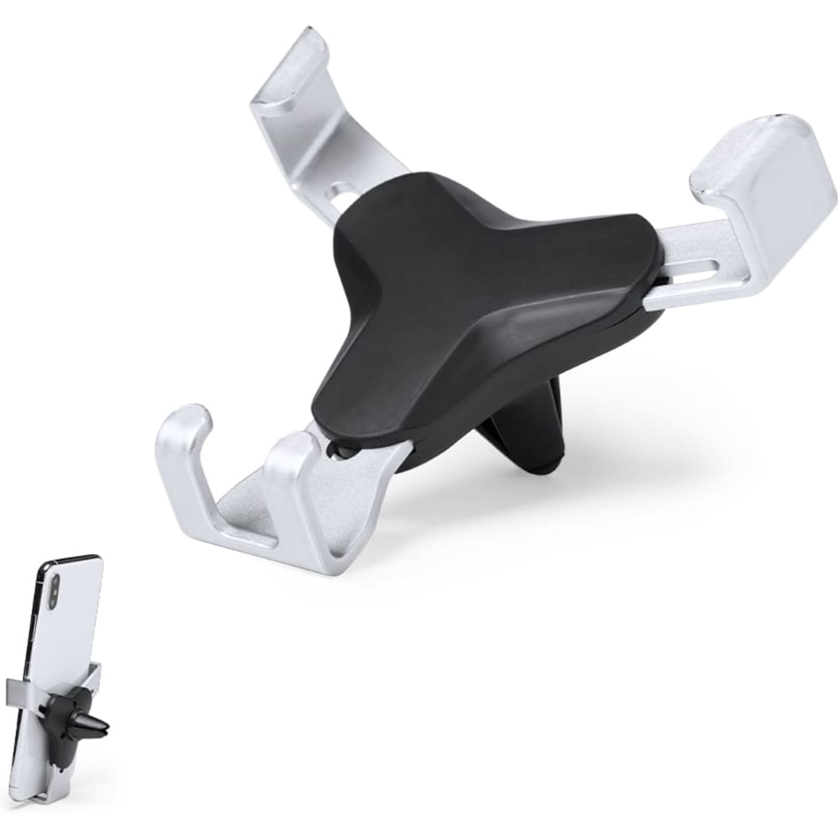 A car phone holder in black and silver, featuring a sturdy grip design for securing smartphones.