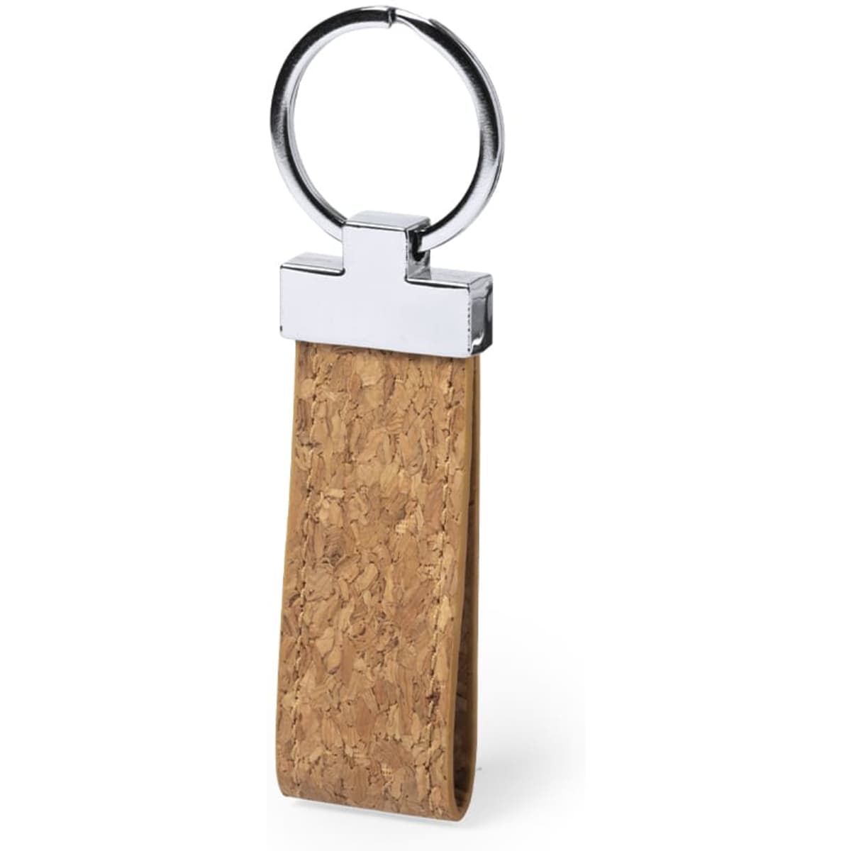 A keyring featuring a chrome top and a natural cork bottom, showcasing a sleek, minimal design.