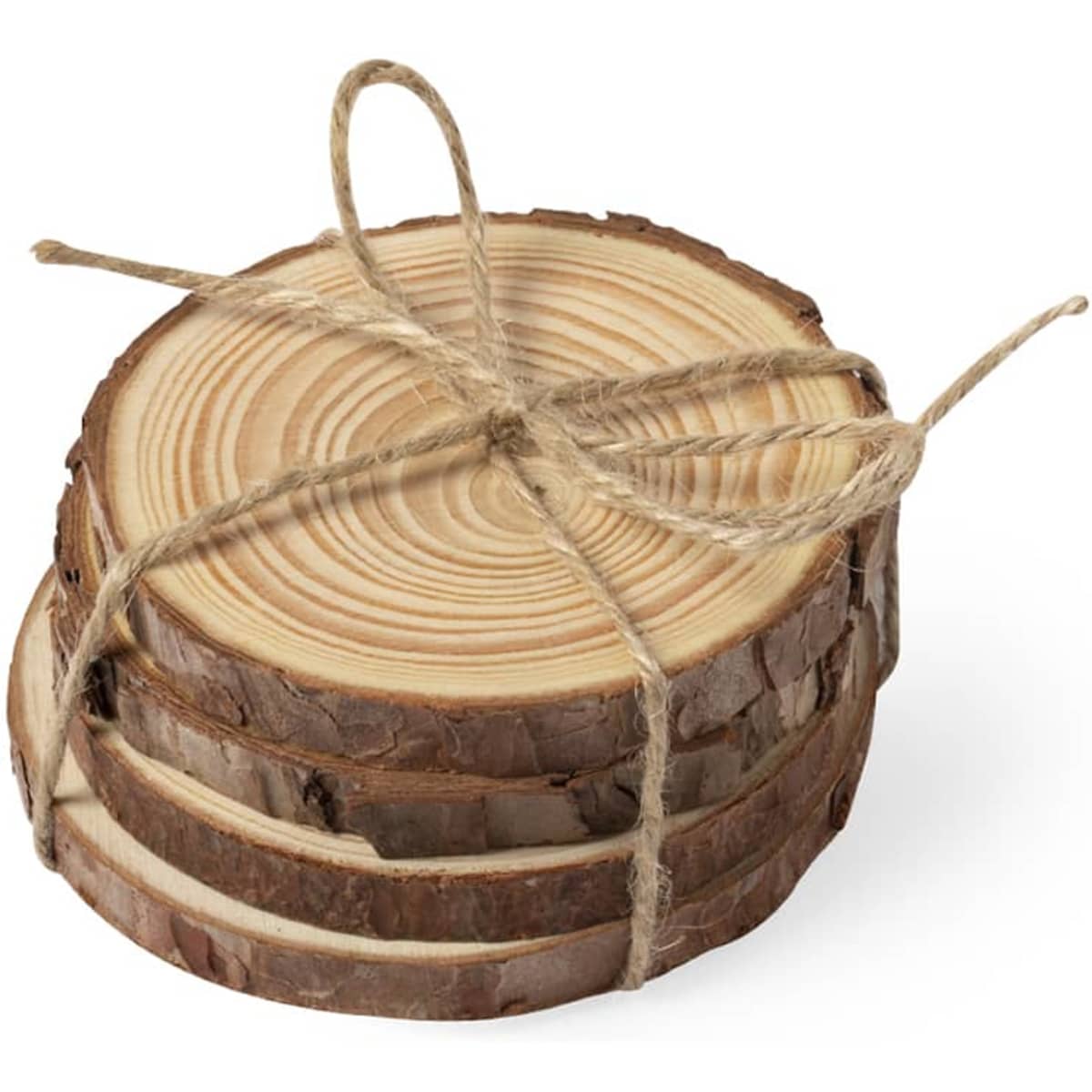 A set of wooden coasters tied together with twine, showcasing natural wood grain and a light brown colour.