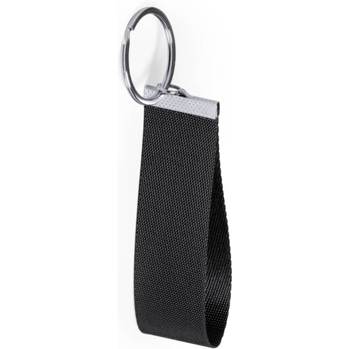 A black keyring with a fabric strap and a metal attachment for easy carrying. It includes a branding logo.