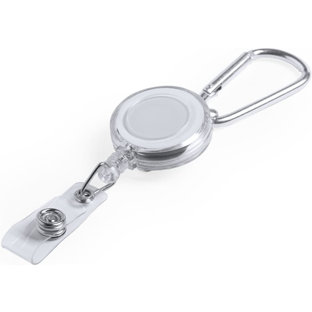 A clear plastic badge reel with a silver metal clip and a retractable cord. It includes a carabiner attachment.