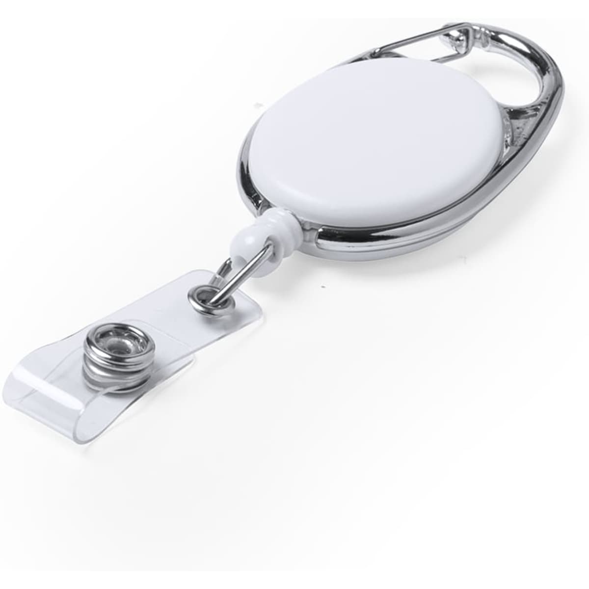A white badge reel with a chrome clip, featuring a retractable cord and a clear attachment for identification.