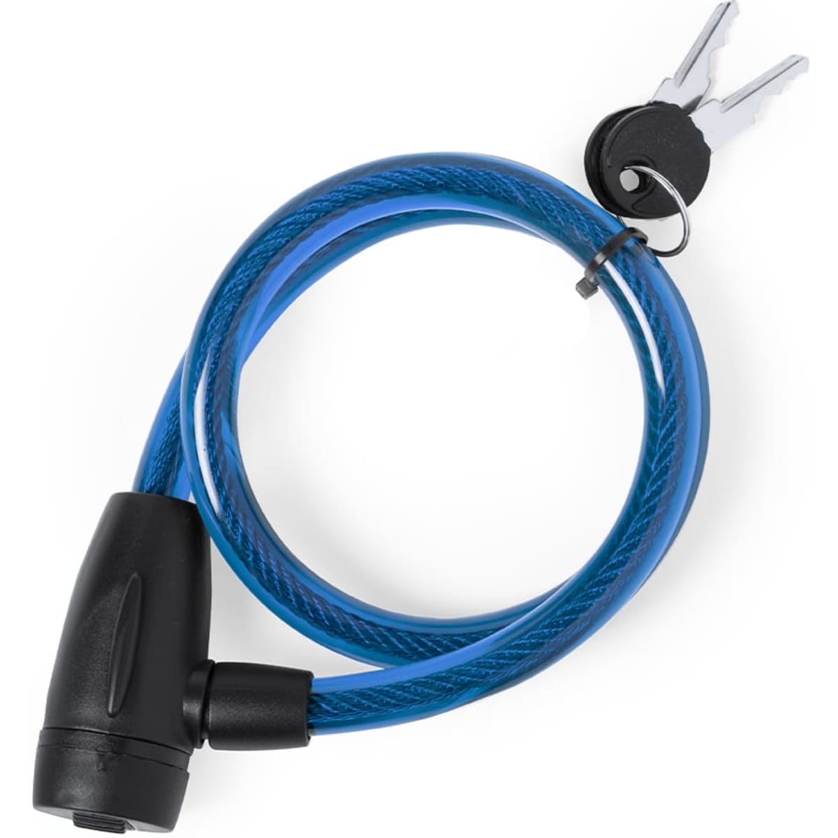 A blue cable padlock with a black securing mechanism and two keys. It features a branding logo.