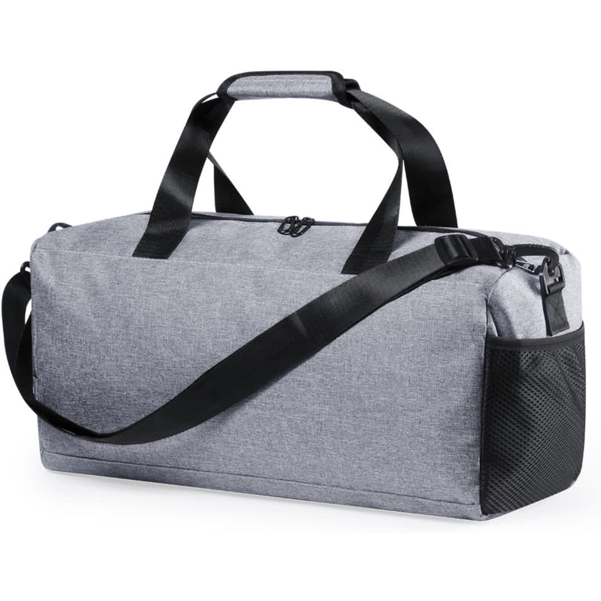 A grey duffle bag with a shoulder strap and a mesh pocket, featuring branding.