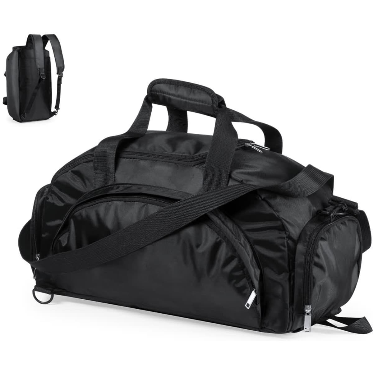 A black backpack bag with multiple carrying handles and a shoulder strap, featuring zippers and a branding logo.