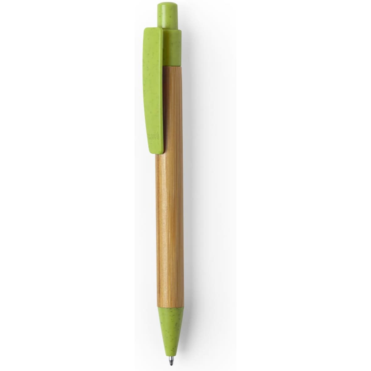 A wooden pen with a bamboo body and a vibrant green clip and tip. Features a logo on the barrel.