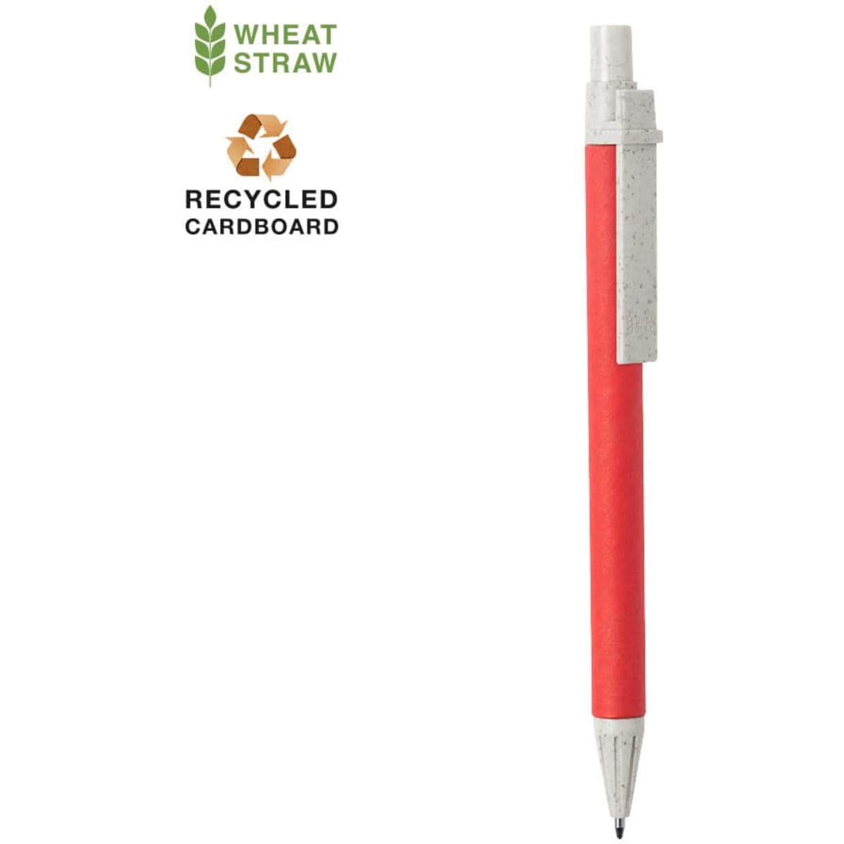 A red pen made from wheat straw with a recycled cardboard clip. It features a logo on the side.