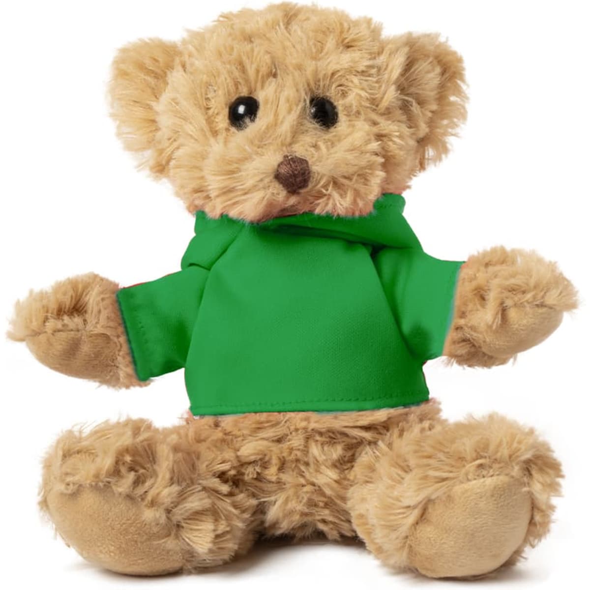 A plush teddy bear in a green hoodie, featuring soft brown fur and black eyes, sitting upright with arms outstretched.