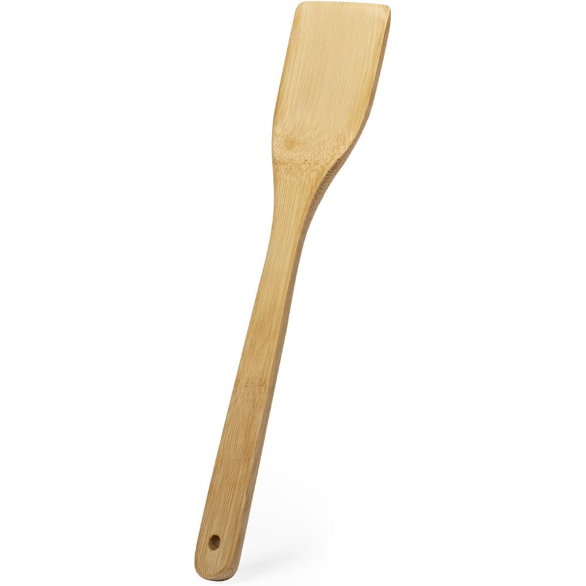 A bamboo spatula with a long handle and flat, rectangular head. It features a hole for hanging.