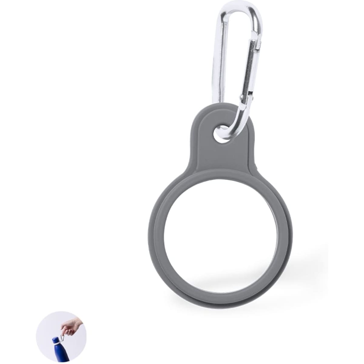 A grey keyring and carabiner attachment designed for holding a drink bottle. Features a minimalistic design.