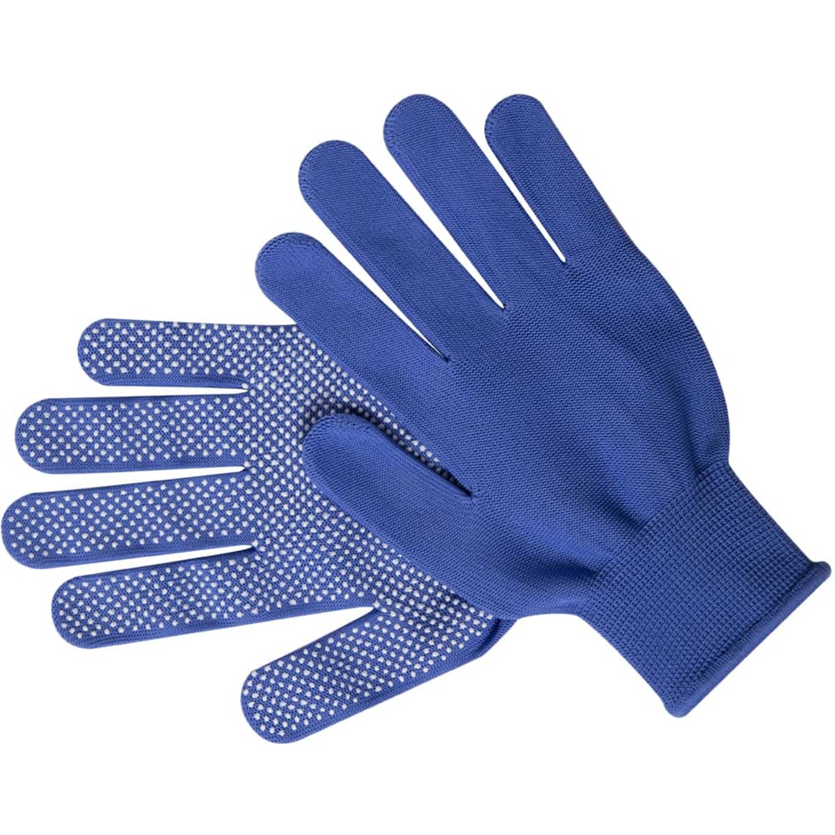 A pair of blue gloves featuring a textured grip on the palms and fingers, ideal for various tasks.