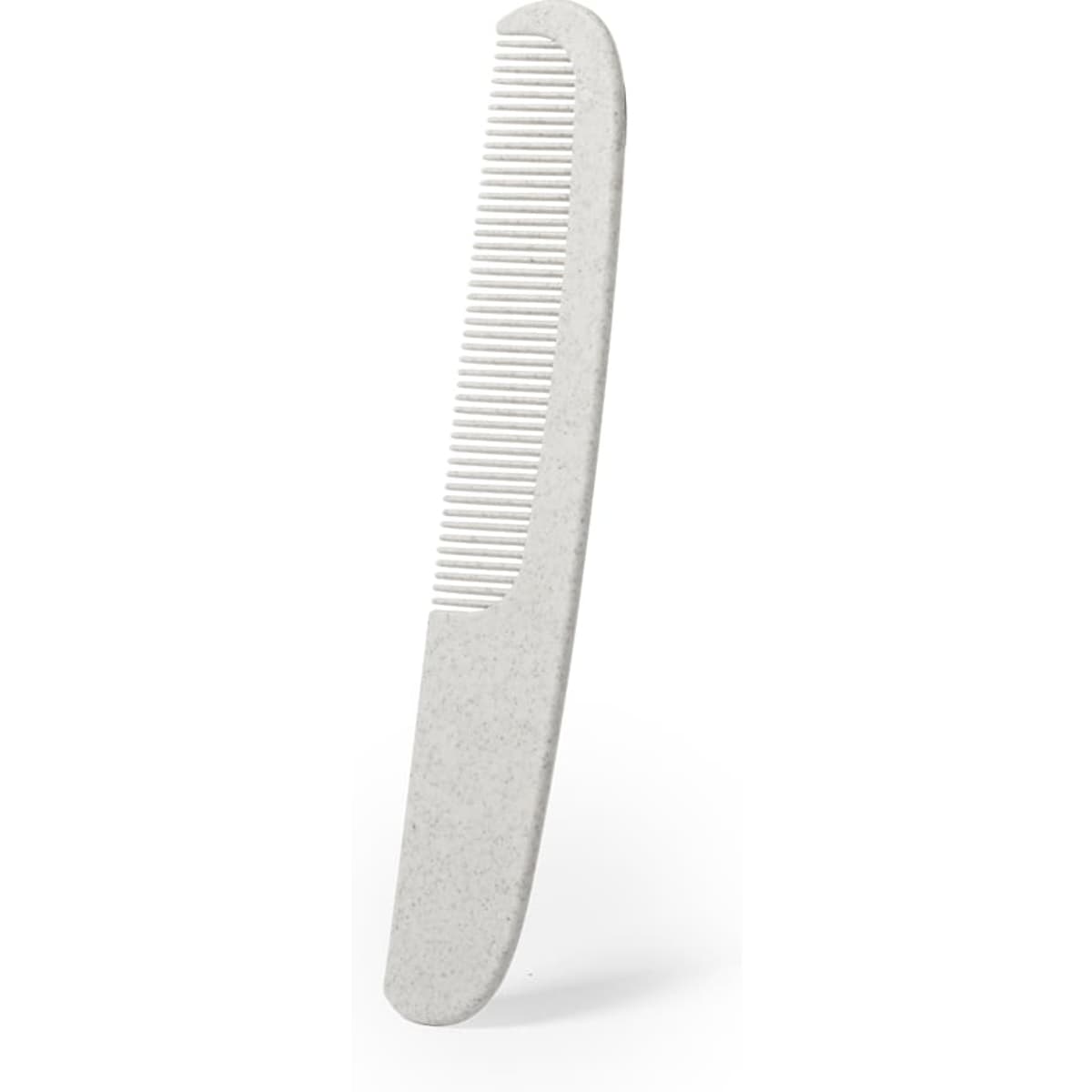 A white comb with a smooth handle and fine teeth, featuring a minimalist design.