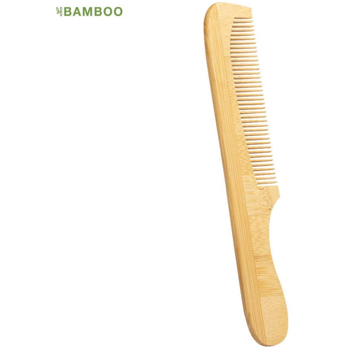 A bamboo comb in a natural wood finish with fine and wide teeth, featuring a logo.