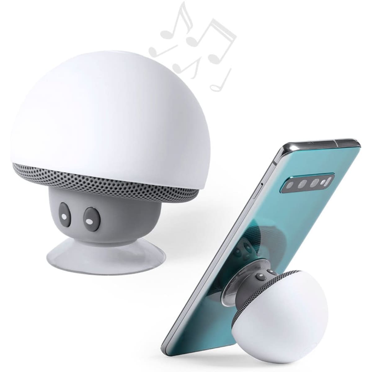 A white and grey portable speaker shaped like a mushroom, next to a smartphone with a reflective screen.