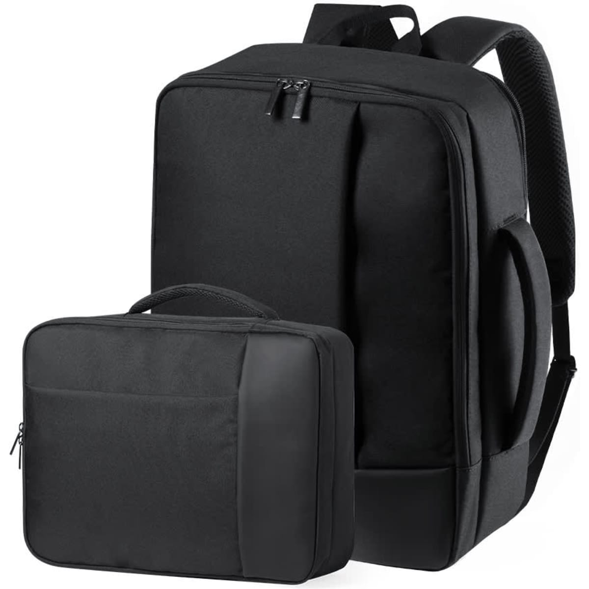 A black backpack with a sleek design, accompanied by a smaller matching bag. Both feature zippers and handles.